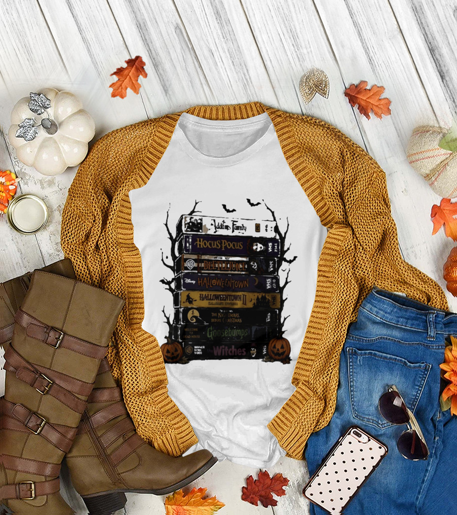 The Addams Family Hocus Pocus Beetlejuice Halloweentown Halloween II The Nightmare Before Christmas Goosebumps The Witches VHS Stack T-Shirt