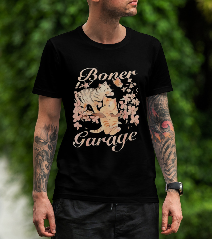 Boner Garage Cats Cherry Blossoms And Butterfly T-Shirt