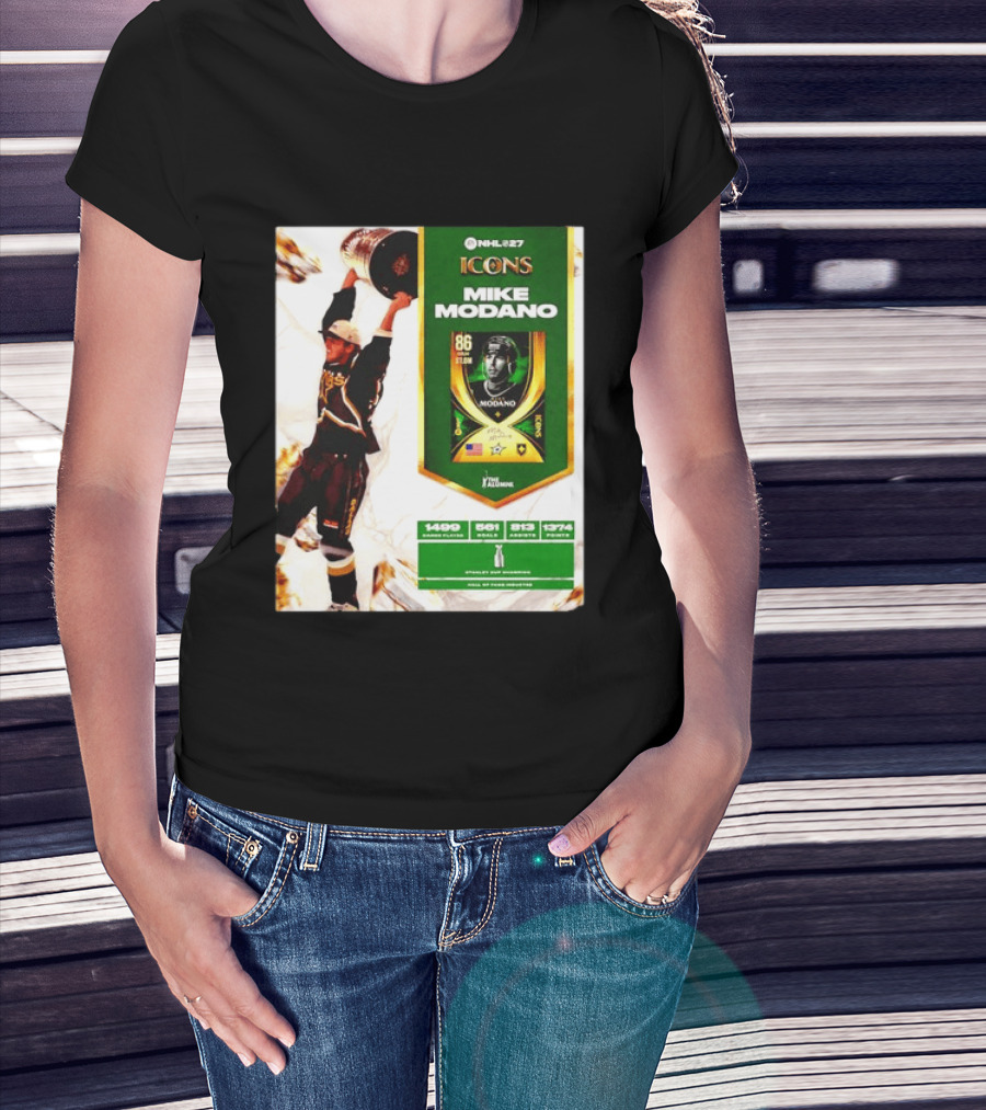 NHL 27 Icons Mike Modano Dallas Stars Player Stats And Achievements T-Shirt
