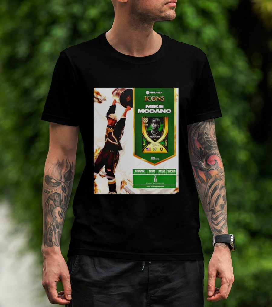 NHL 27 Icons Mike Modano Dallas Stars Player Stats And Achievements T-Shirt