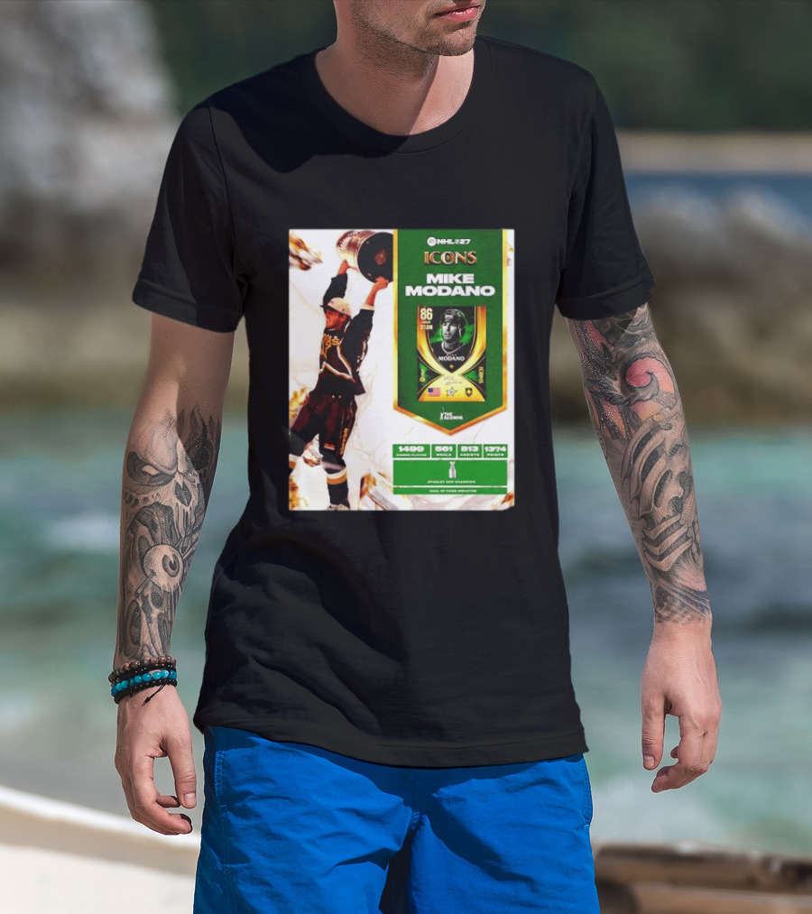 NHL 27 Icons Mike Modano Dallas Stars Player Stats And Achievements T-Shirt