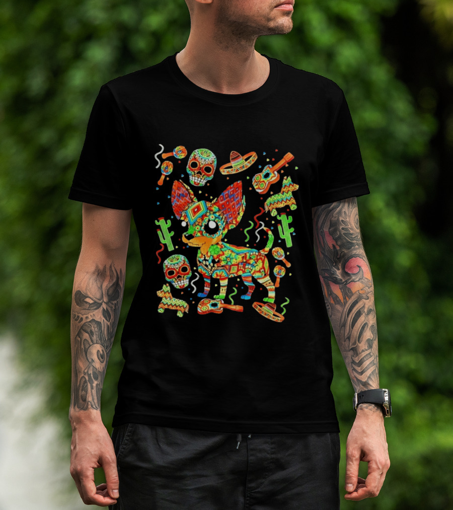 Fiesta Chihuahua Mexican Dia De Los Muertos Colorful Skull Sombrero Cactus Dog T-Shirt