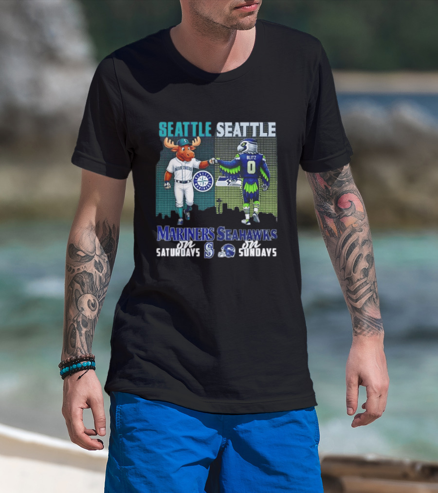 Seattle Mariners Moose And Seahawks Blitz On Saturdays Sundays T-Shirt