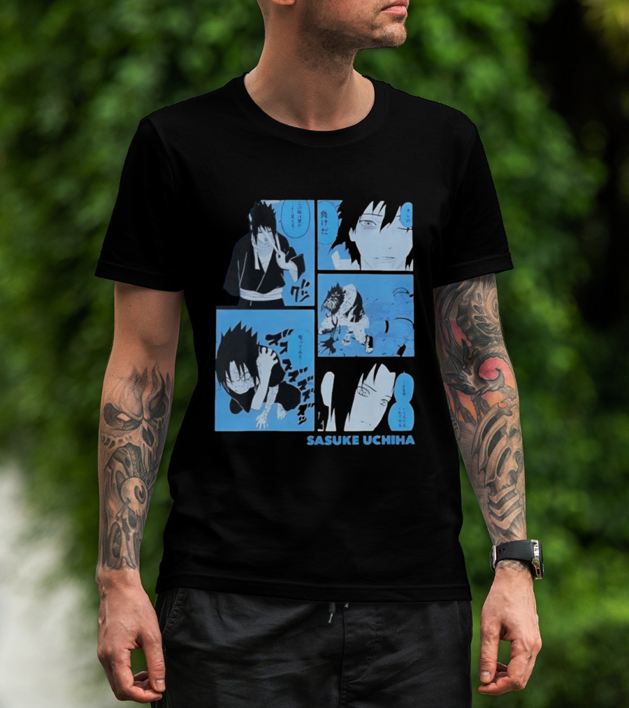Sasuke Uchiha Cursed Seal Battle Manga Panels Blue Version T-Shirt