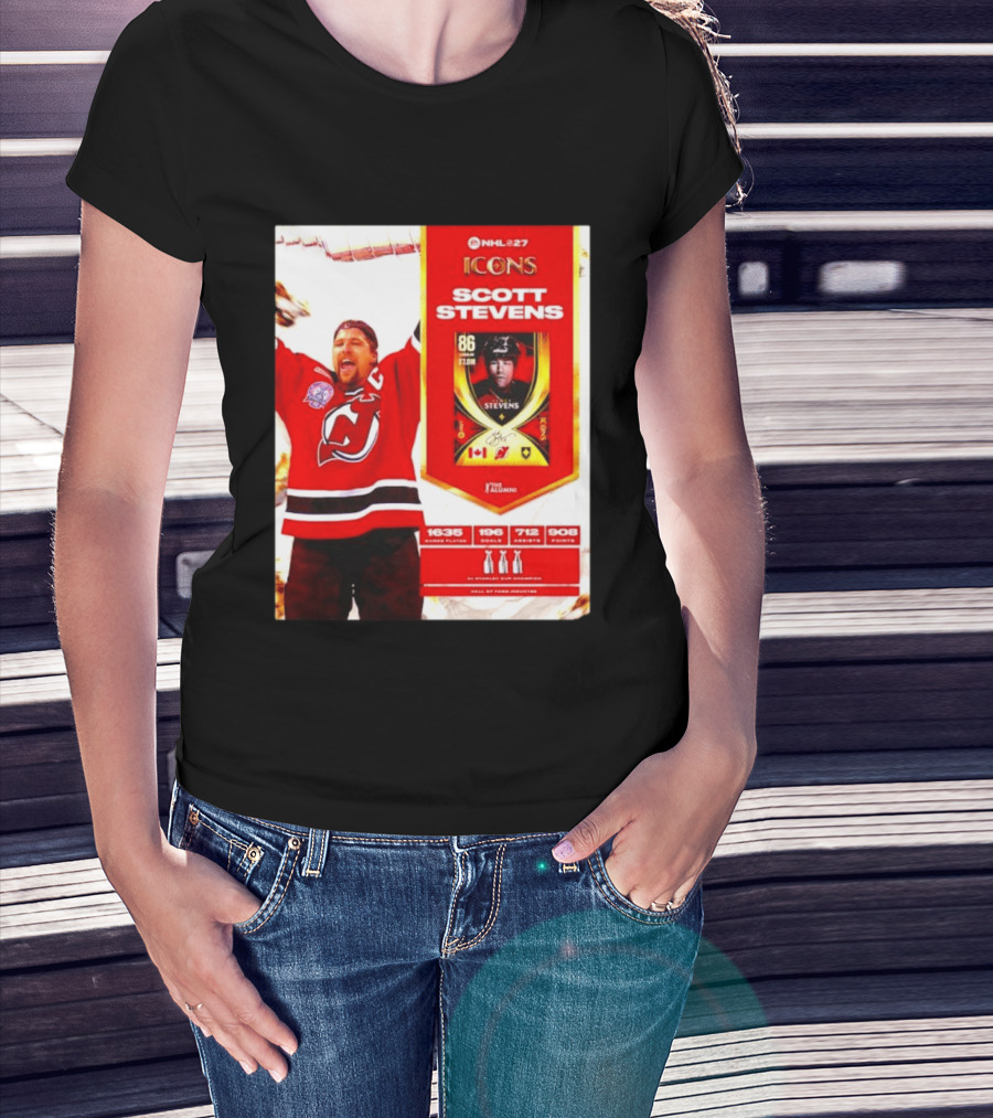 NHL 27 Icons Scott Stevens New Jersey Devils Hall Of Fame Legend T-Shirt