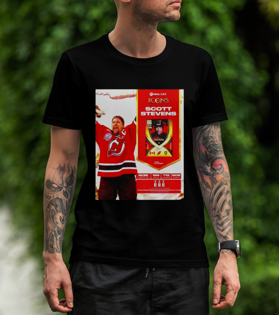 NHL 27 Icons Scott Stevens New Jersey Devils Hall Of Fame Legend T-Shirt