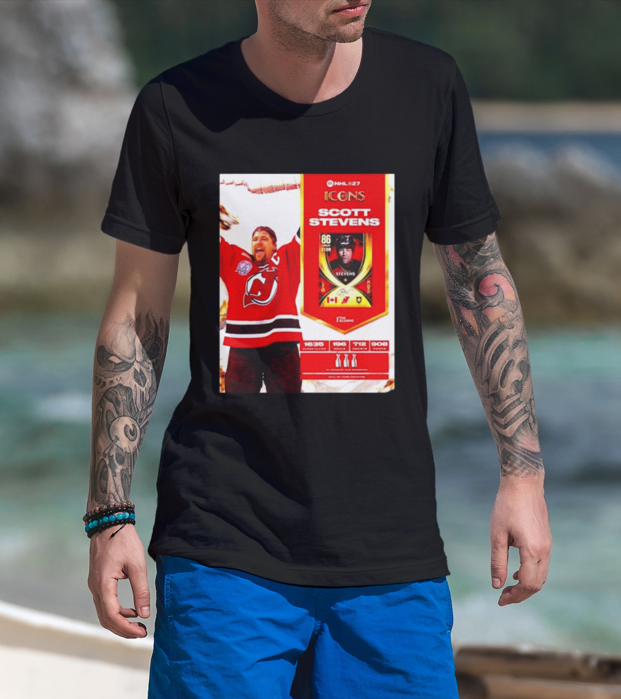NHL 27 Icons Scott Stevens New Jersey Devils Hall Of Fame Legend T-Shirt