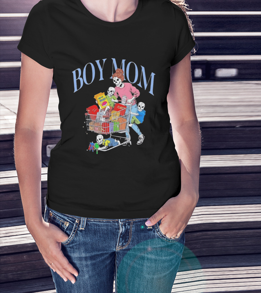 Boy Mom Skeleton With Kids Pushing Shopping Cart Eating Cereal T-Shirt