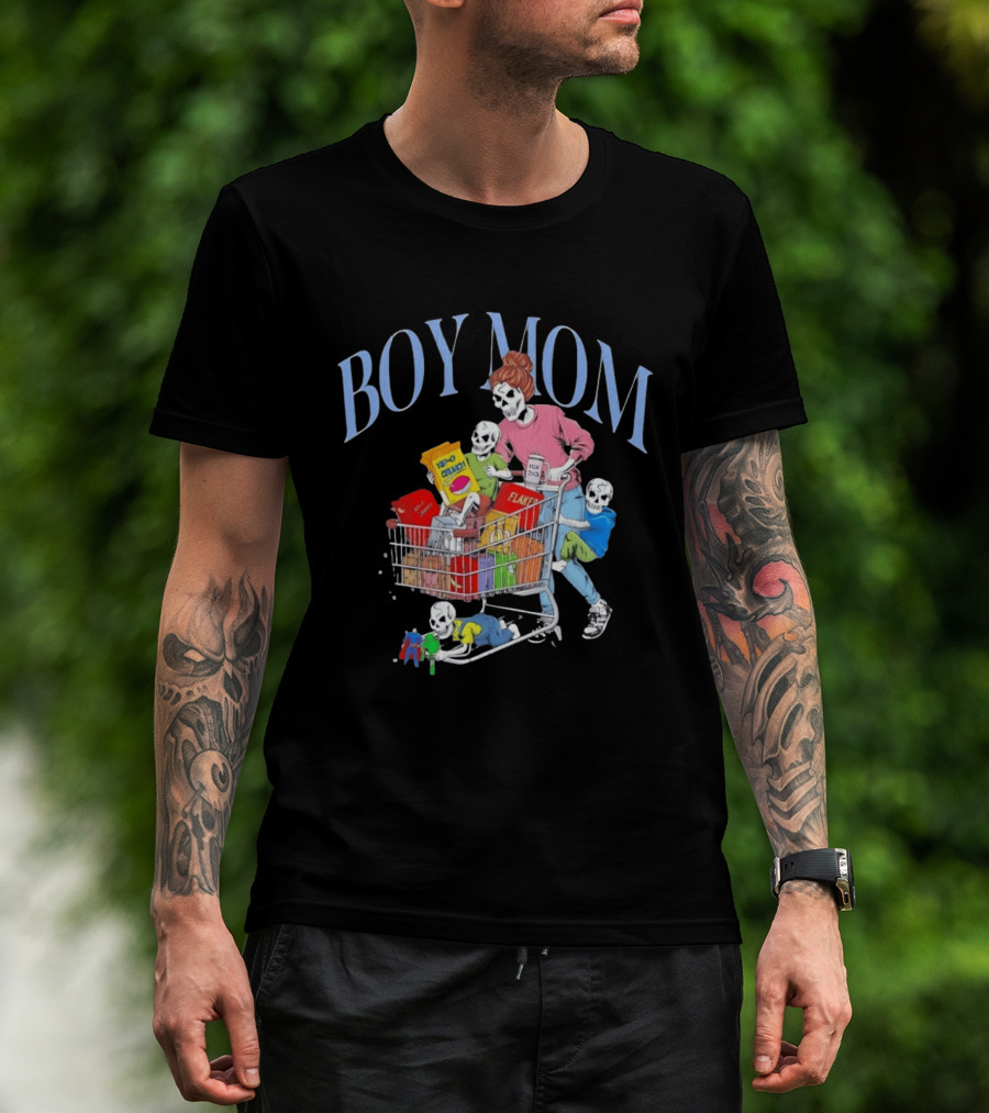 Boy Mom Skeleton With Kids Pushing Shopping Cart Eating Cereal T-Shirt
