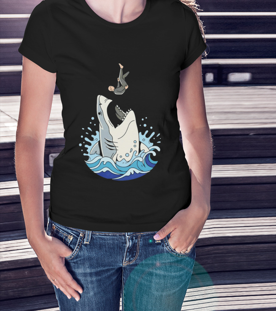 Great White Shark Surfer Falling Water Splash Scene T-Shirt