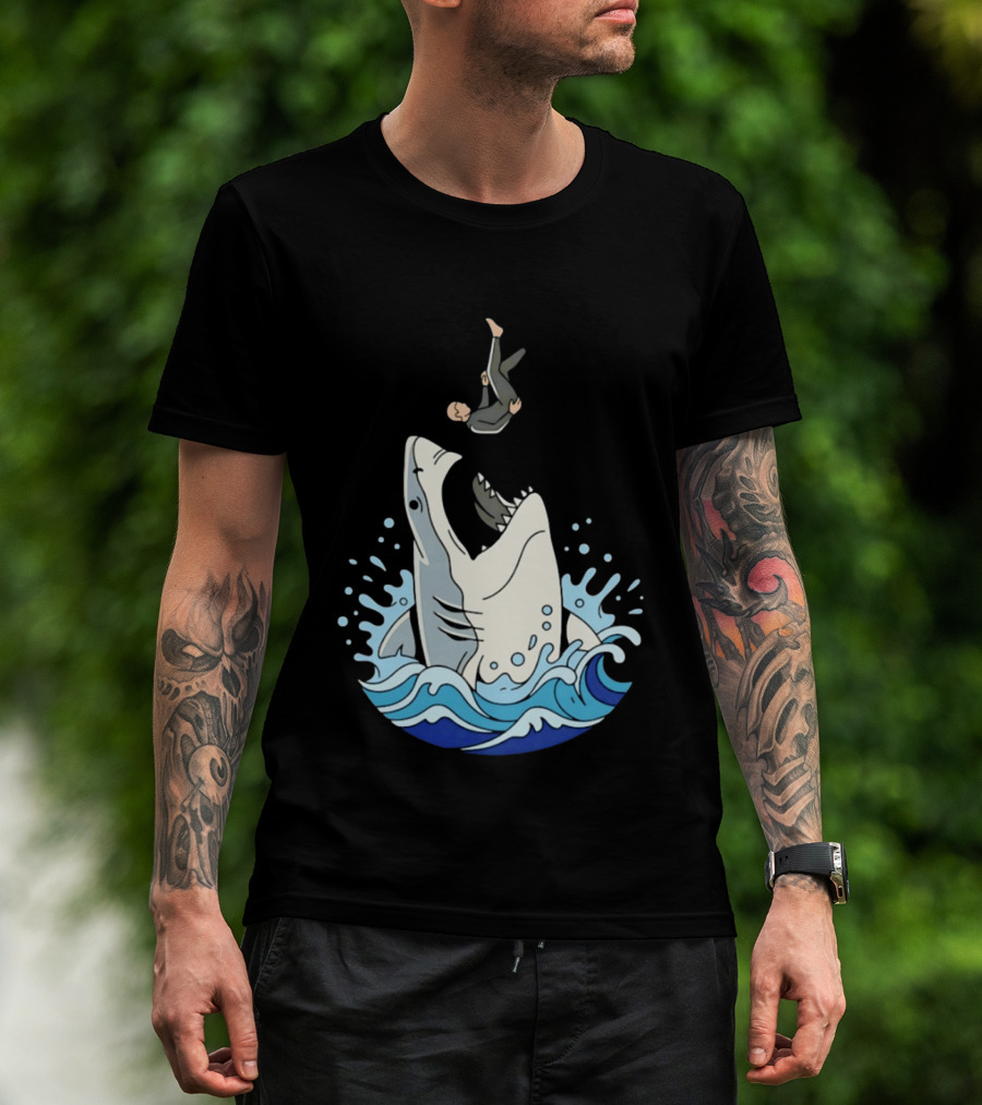 Great White Shark Surfer Falling Water Splash Scene T-Shirt