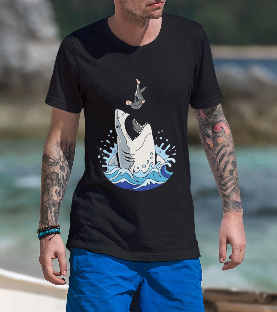 Great White Shark Surfer Falling Water Splash Scene T-Shirt