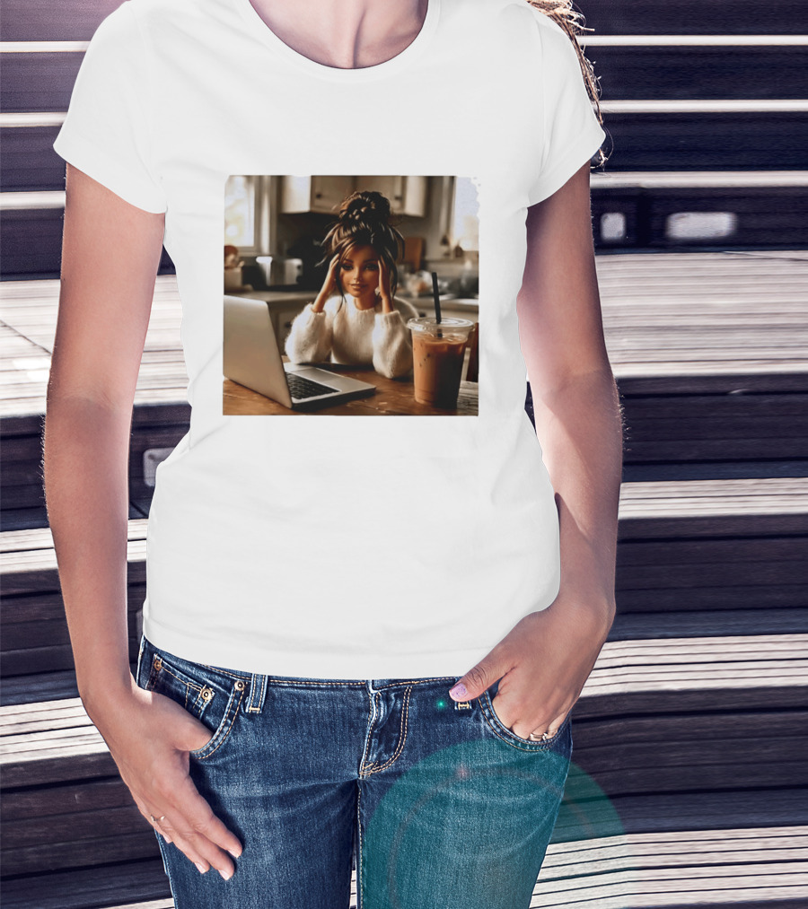 Crashing Out Barbie Girl With Coffee And Laptop Vibes T-Shirt