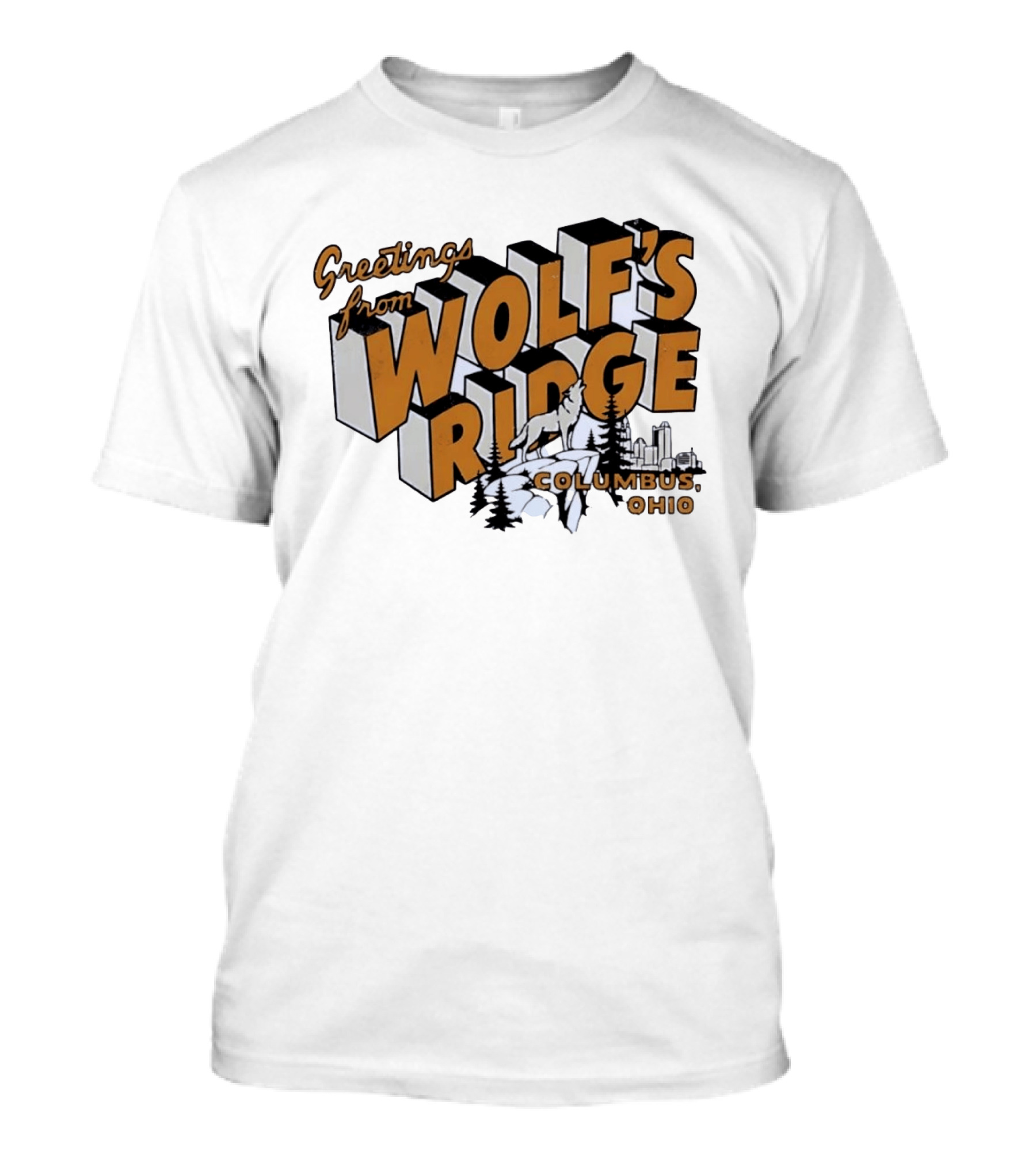 Greetings From Wolf's Ridge Columbus Ohio Wolf And Skyline Scene T-Shirt