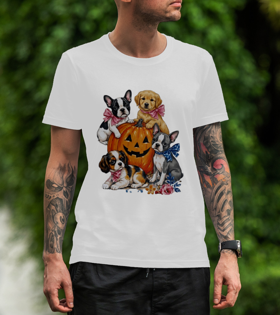 Puppies With Pink And Blue Bows Jack O' Lantern Pumpkin Halloween T-Shirt