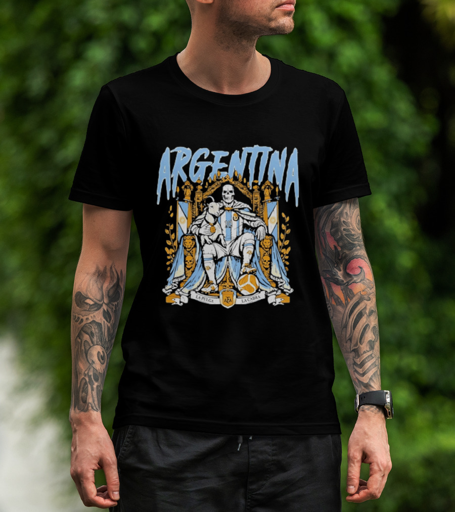 Argentina Lionel Messi La Pulga La Cabra Goat Skeleton Throne AFA Soccer T-Shirt