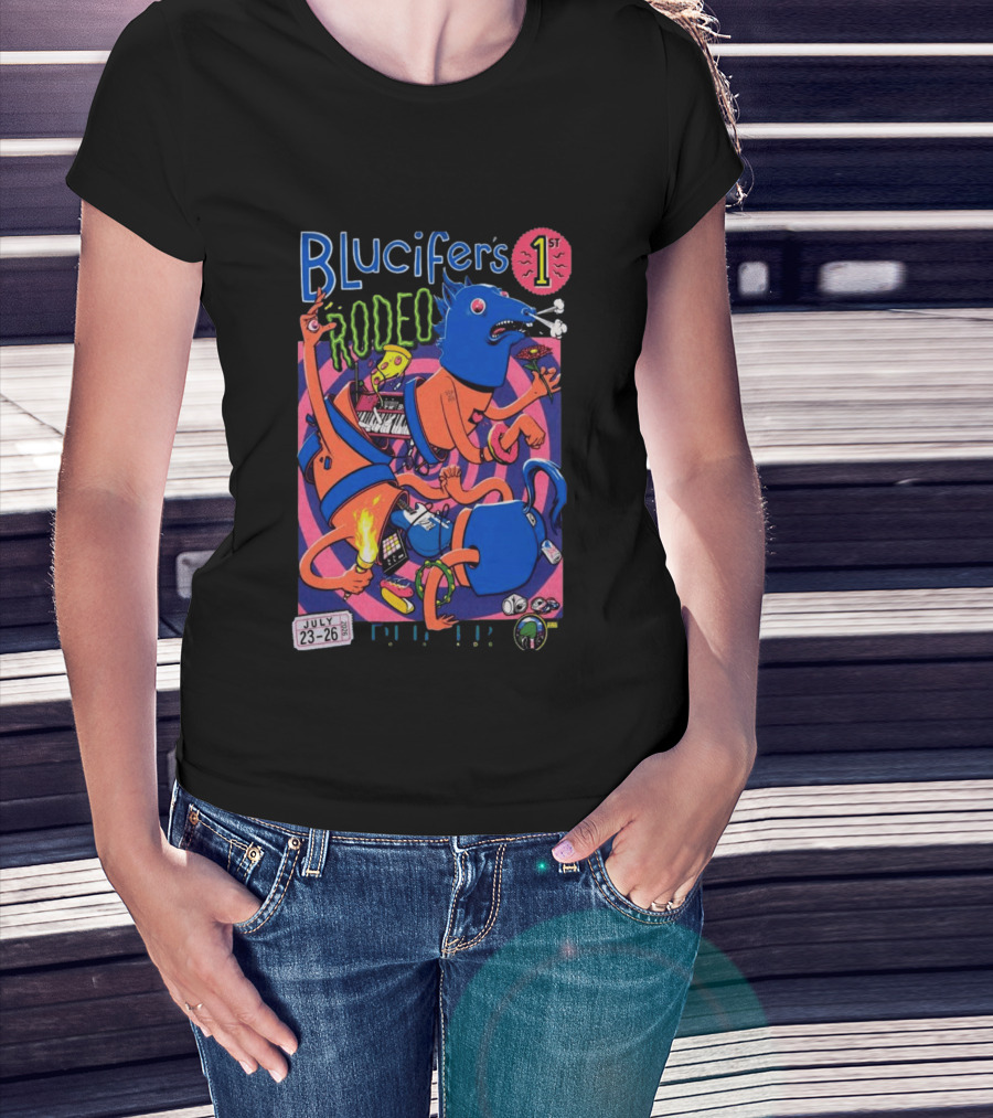Blucifer's First Rodeo Denver CO July 23 26 2026 Colorful Cartoon T-Shirt