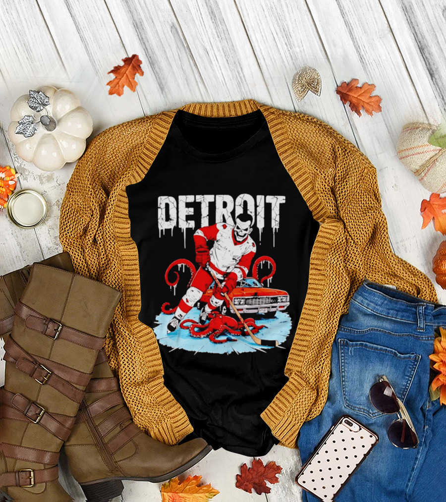 Detroit Hockey Skeleton Octopus Muscle Car T-Shirt