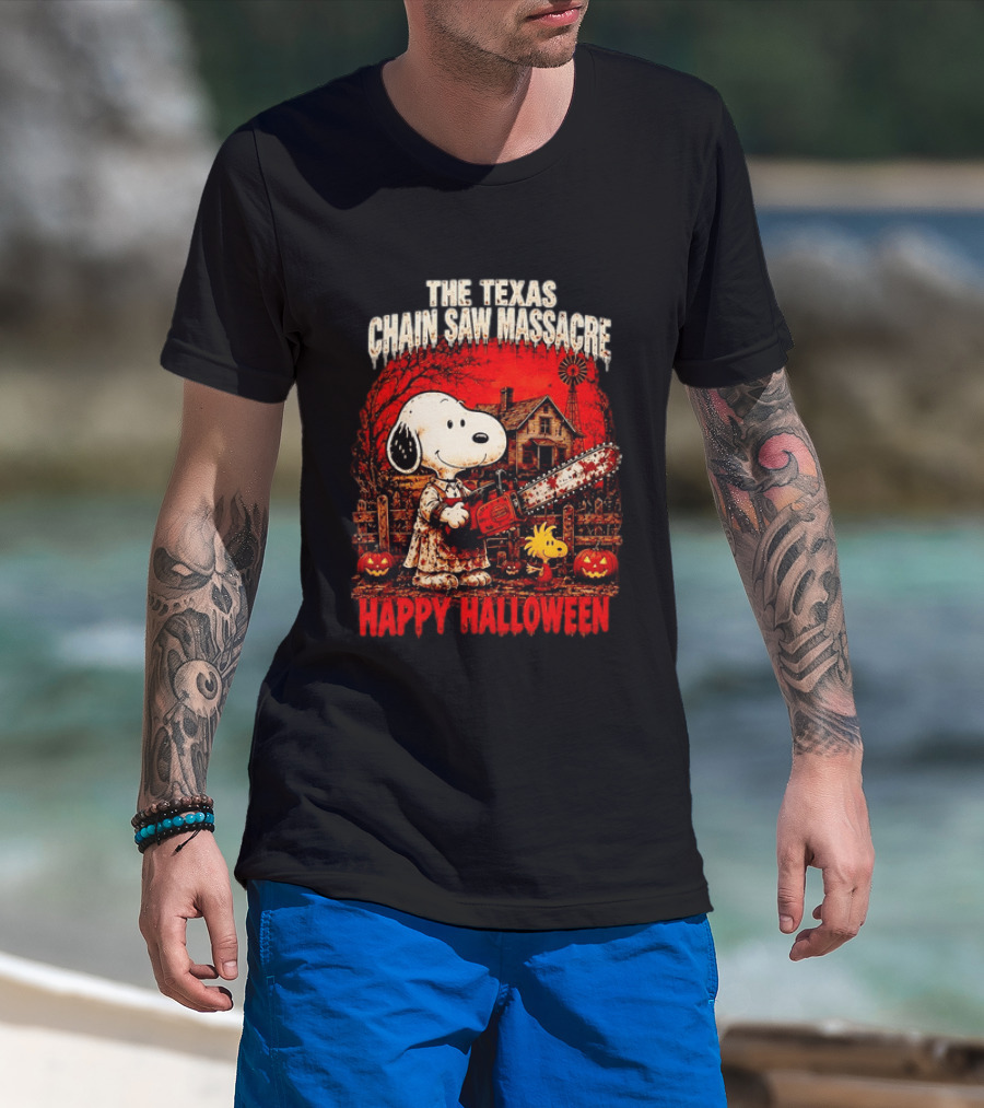 Snoopy Woodstock The Texas Chain Saw Massacre Happy Halloween Scene T-Shirt