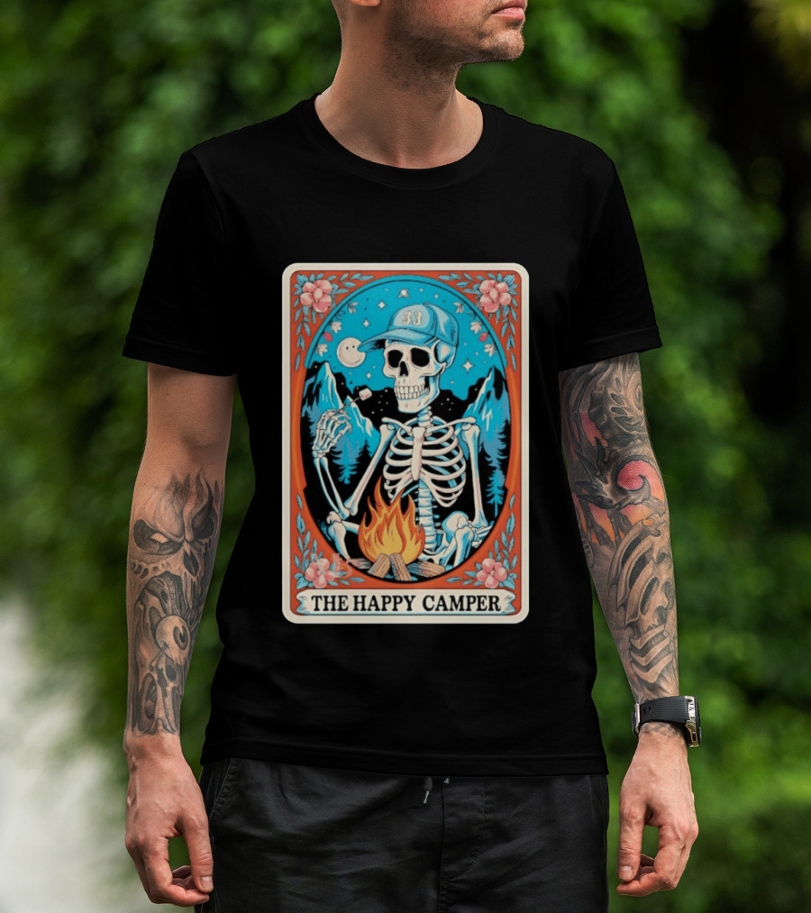 The Happy Camper Skeleton 33 Marshmallow Campfire Scene T-Shirt
