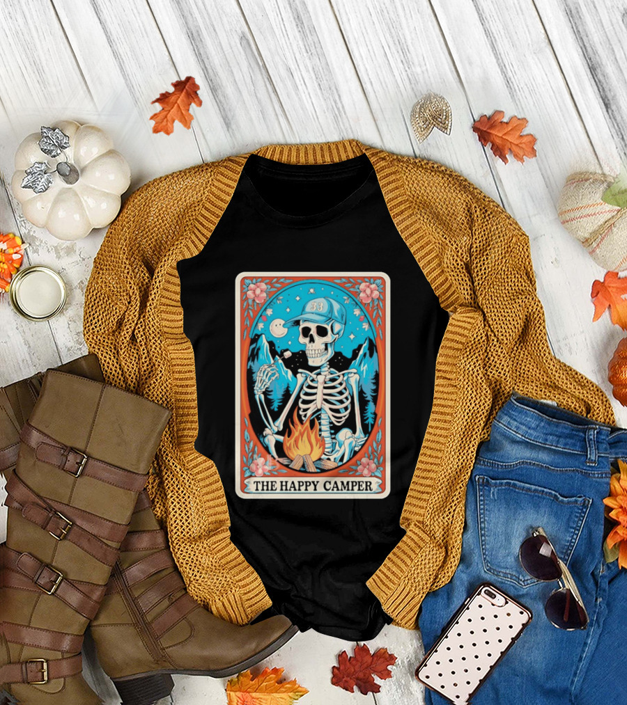 The Happy Camper Skeleton 33 Marshmallow Campfire Scene T-Shirt