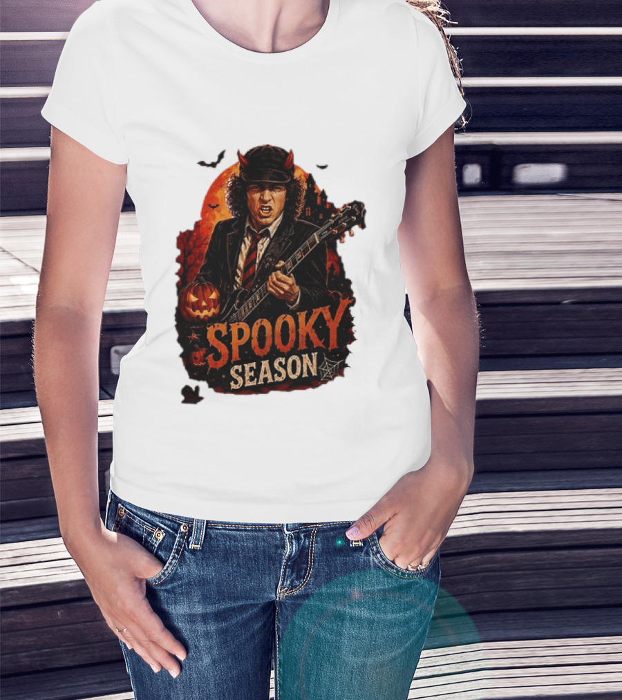 Spooky Season Angus Young Halloween AC DC Inspired Pumpkin Guitar T-Shirt