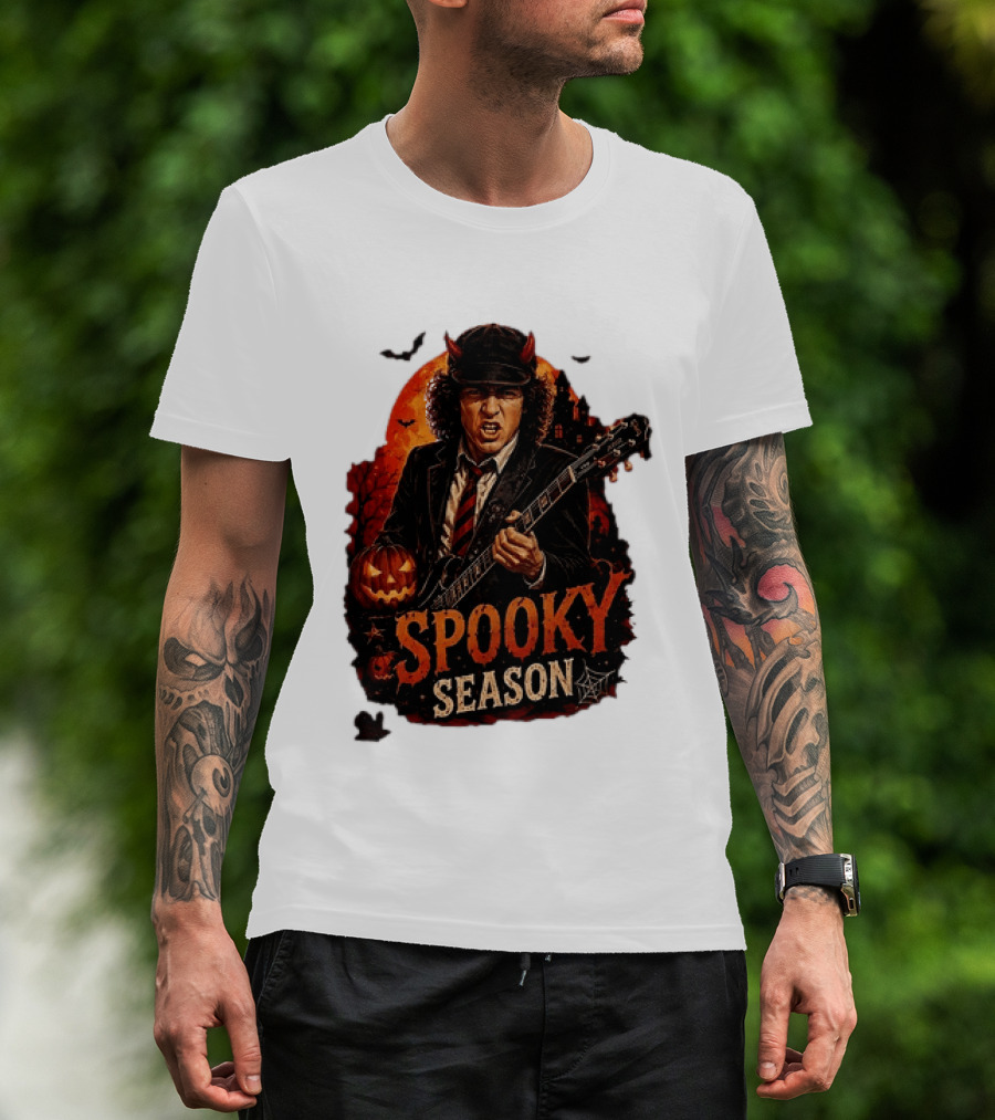 Spooky Season Angus Young Halloween AC DC Inspired Pumpkin Guitar T-Shirt