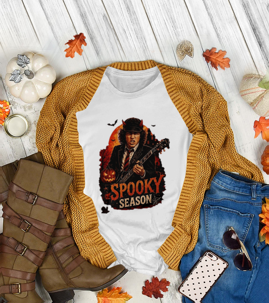 Spooky Season Angus Young Halloween AC DC Inspired Pumpkin Guitar T-Shirt