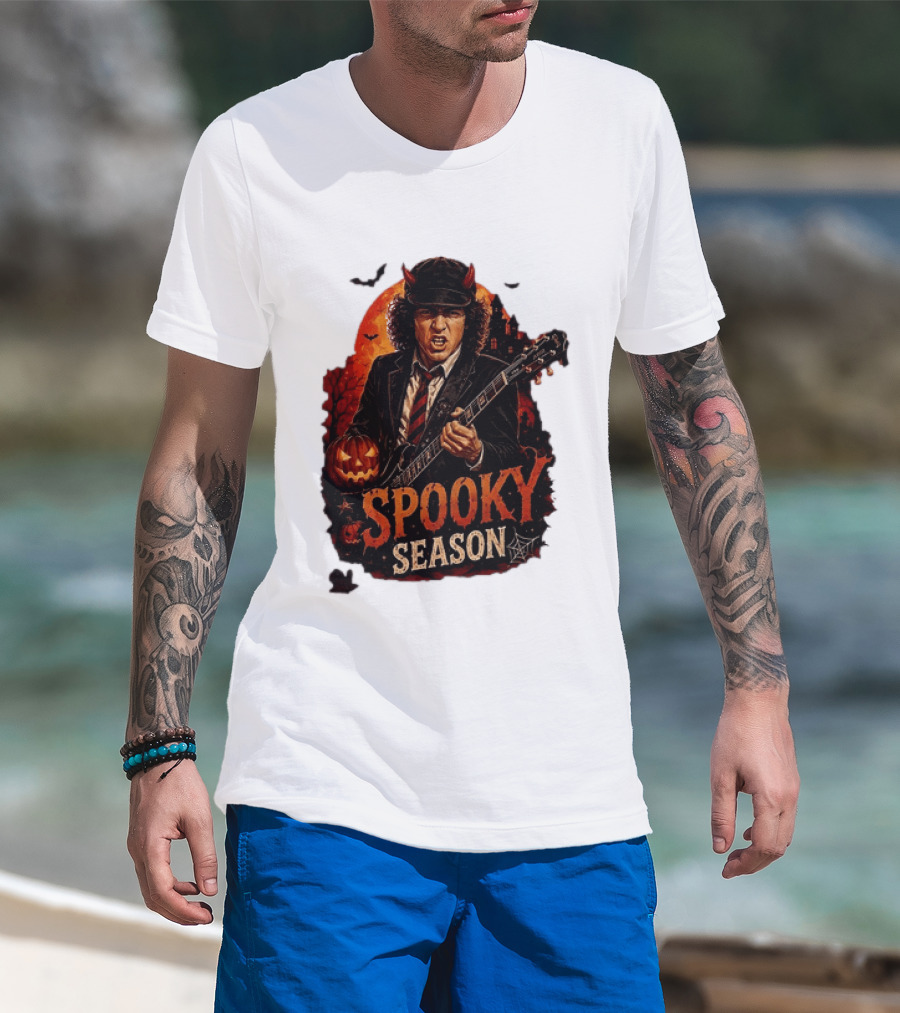 Spooky Season Angus Young Halloween AC DC Inspired Pumpkin Guitar T-Shirt