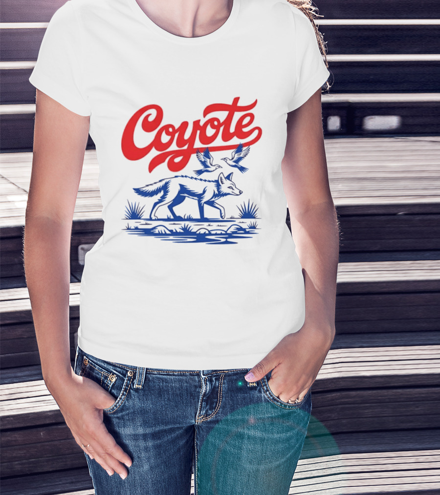 Coyote With Birds In Desert Scene Wild Western Desert T-Shirt