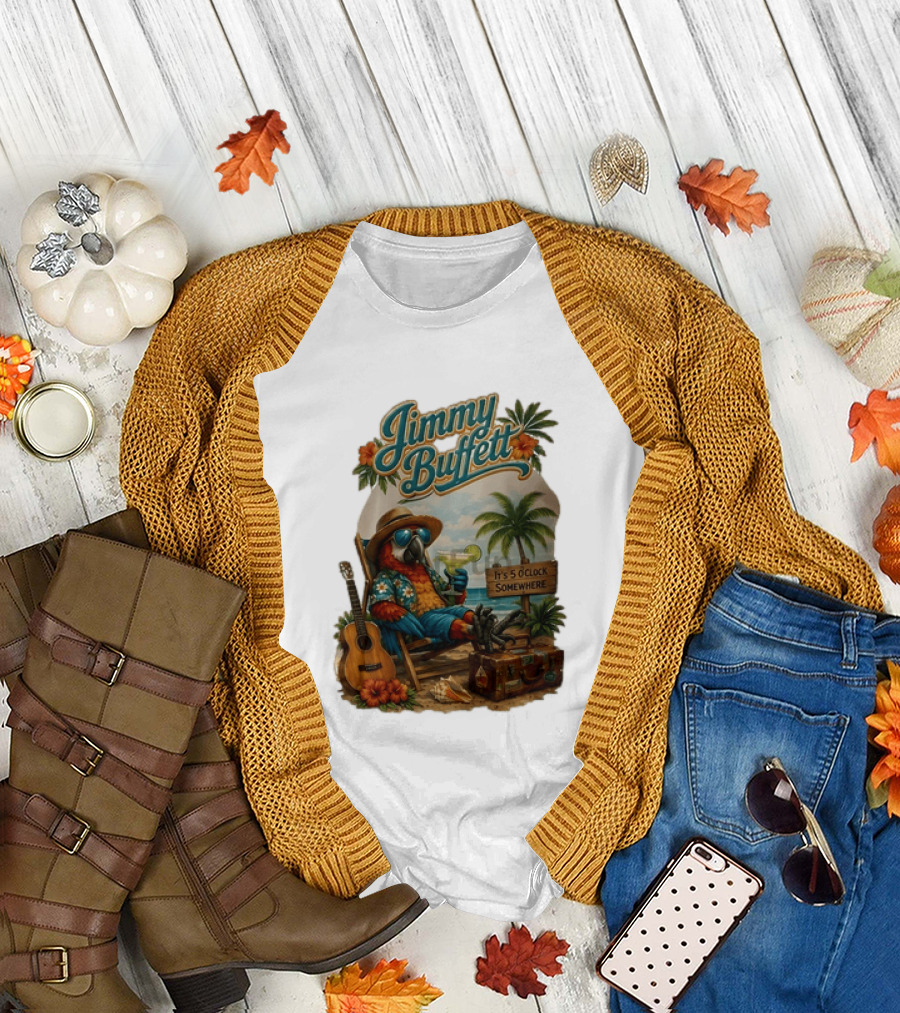 Jimmy Buffett It's 5 O' Somewhere Tropical Parrot Beach Guitar Cocktails Palm Trees T-Shirt