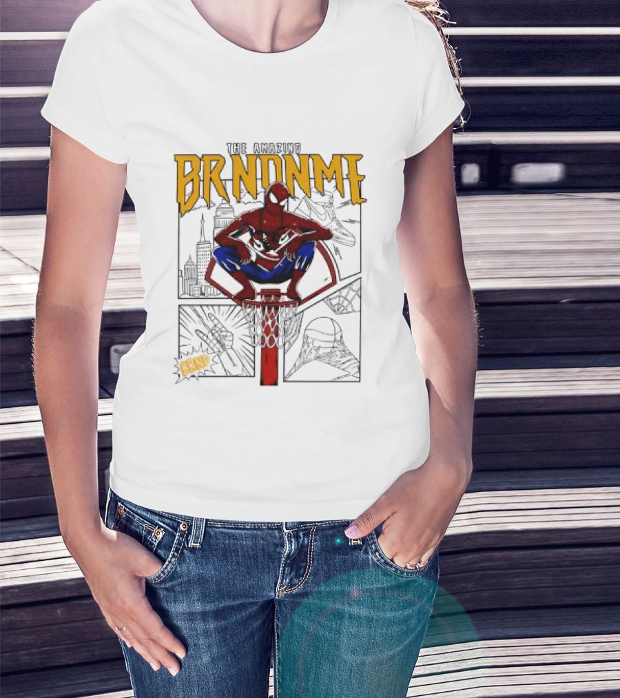 The Amazing Brndnme Spider Man Squatting On Basketball Hoop Cityscape Comic Panels T-Shirt