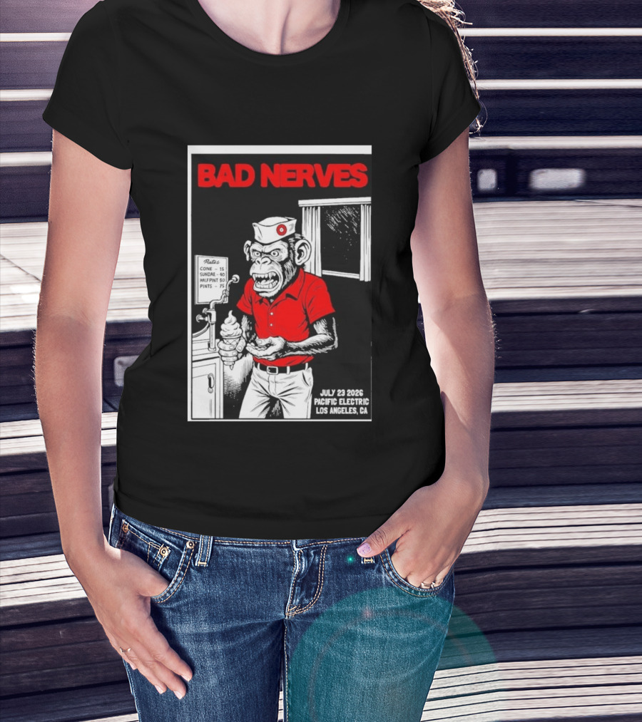 Bad Nerves July 23 2026 Pacific Electric Los Angeles Monkey Ice Cream Server Comic T-Shirt