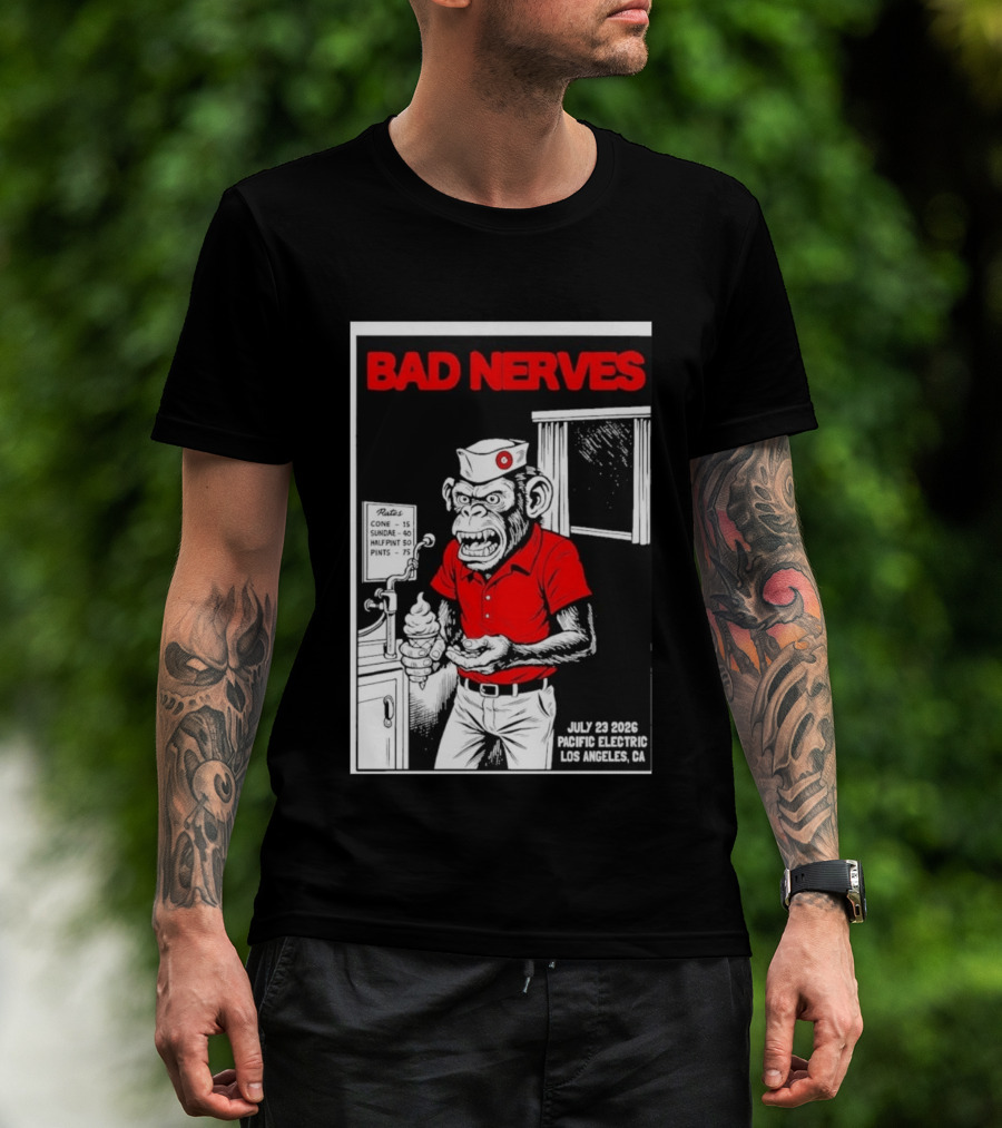 Bad Nerves July 23 2026 Pacific Electric Los Angeles Monkey Ice Cream Server Comic T-Shirt