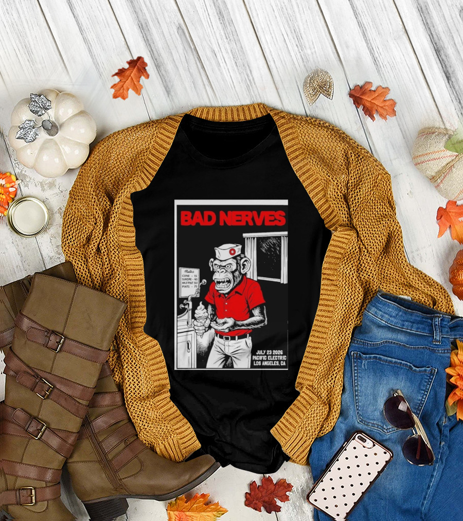 Bad Nerves July 23 2026 Pacific Electric Los Angeles Monkey Ice Cream Server Comic T-Shirt