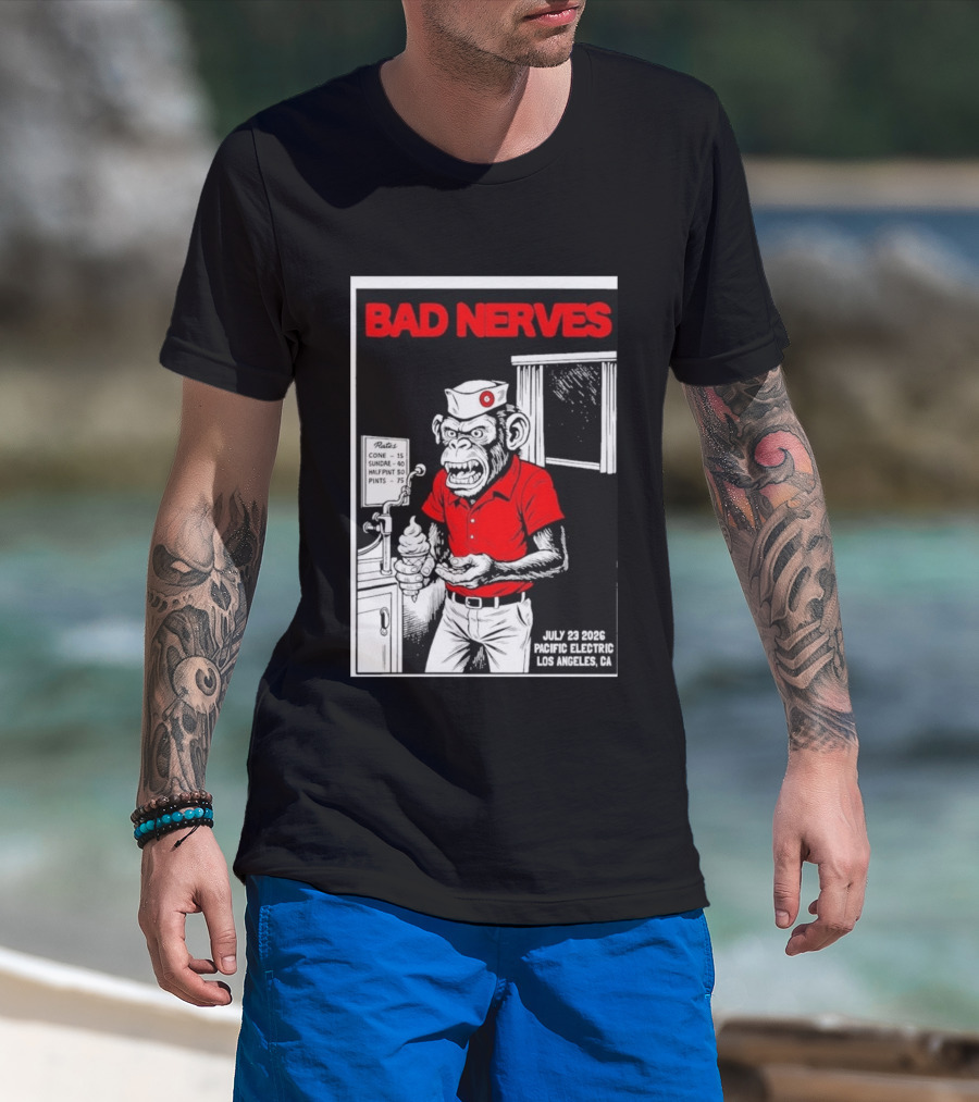 Bad Nerves July 23 2026 Pacific Electric Los Angeles Monkey Ice Cream Server Comic T-Shirt