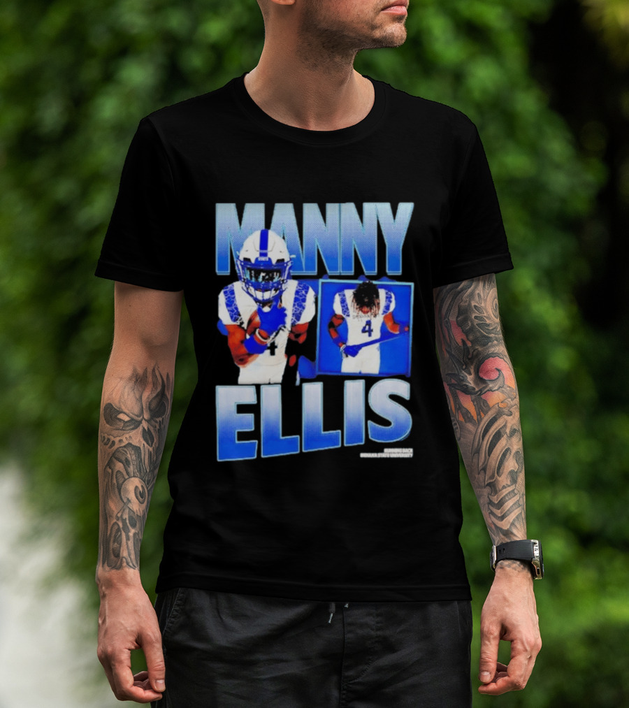Manny Ellis Indiana State Running Back Football Jersey Number 4 Blue And White T-Shirt