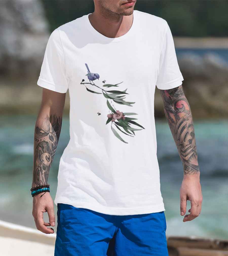 Blue Wren On Eucalyptus Branch With Red Blossoms Bird T-Shirt