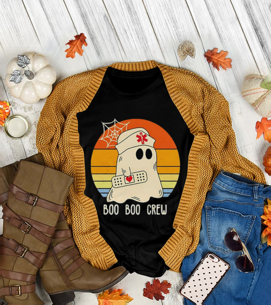 Boo Boo Crew Ghost Nurse Halloween Bandage Heart Spiderweb T-Shirt