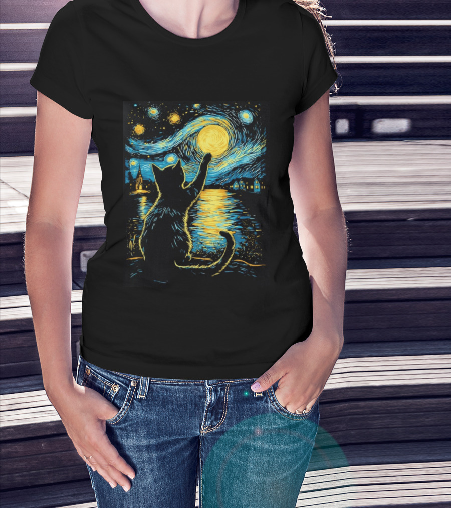 Cat Reaching For The Moon Starry Night Van Gogh Inspired Scene T-Shirt