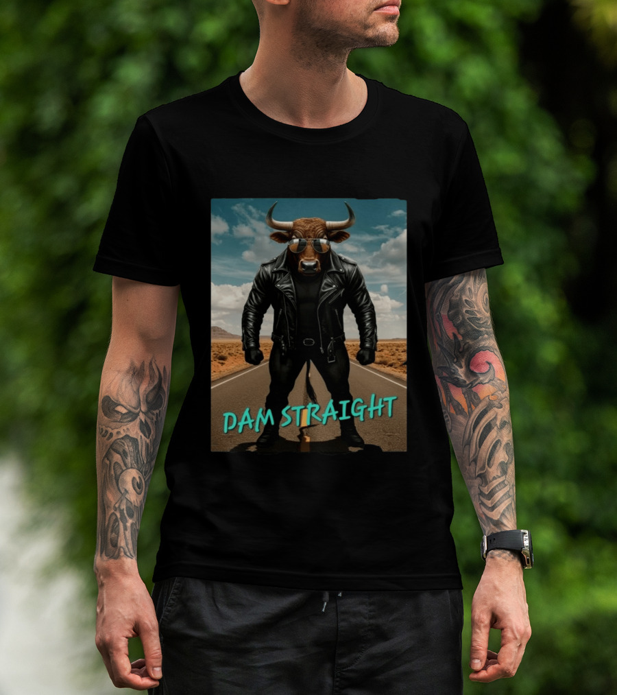 Dam Straight Charging Bull In Basquiat Style With Leather Jacket T-Shirt