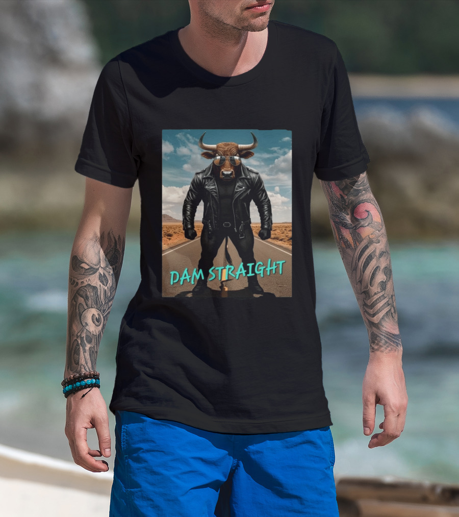 Dam Straight Charging Bull In Basquiat Style With Leather Jacket T-Shirt