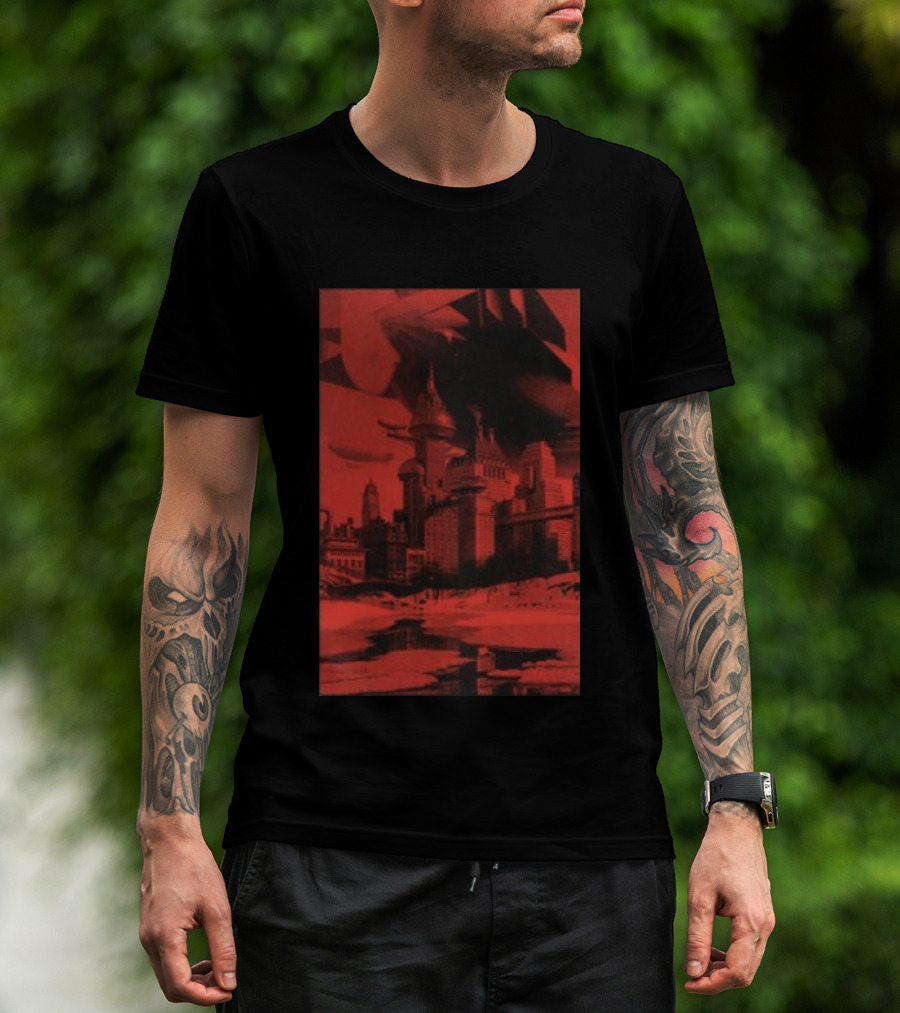 The Barbarians Of California Megatons Pull Retro Futuristic Cityscape Airships T-Shirt