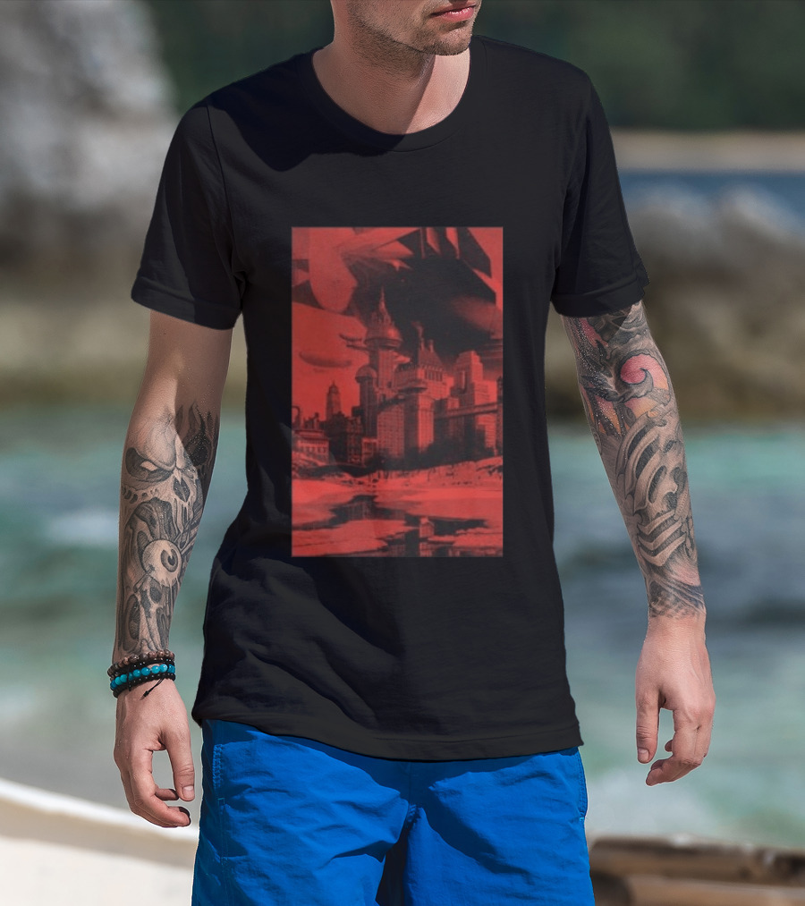The Barbarians Of California Megatons Pull Retro Futuristic Cityscape Airships T-Shirt
