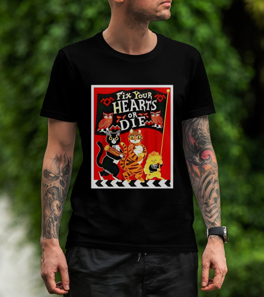 Twin Peaks Cats Fix Your Hearts Or Die David Lynch Owls Red Banner T-Shirt