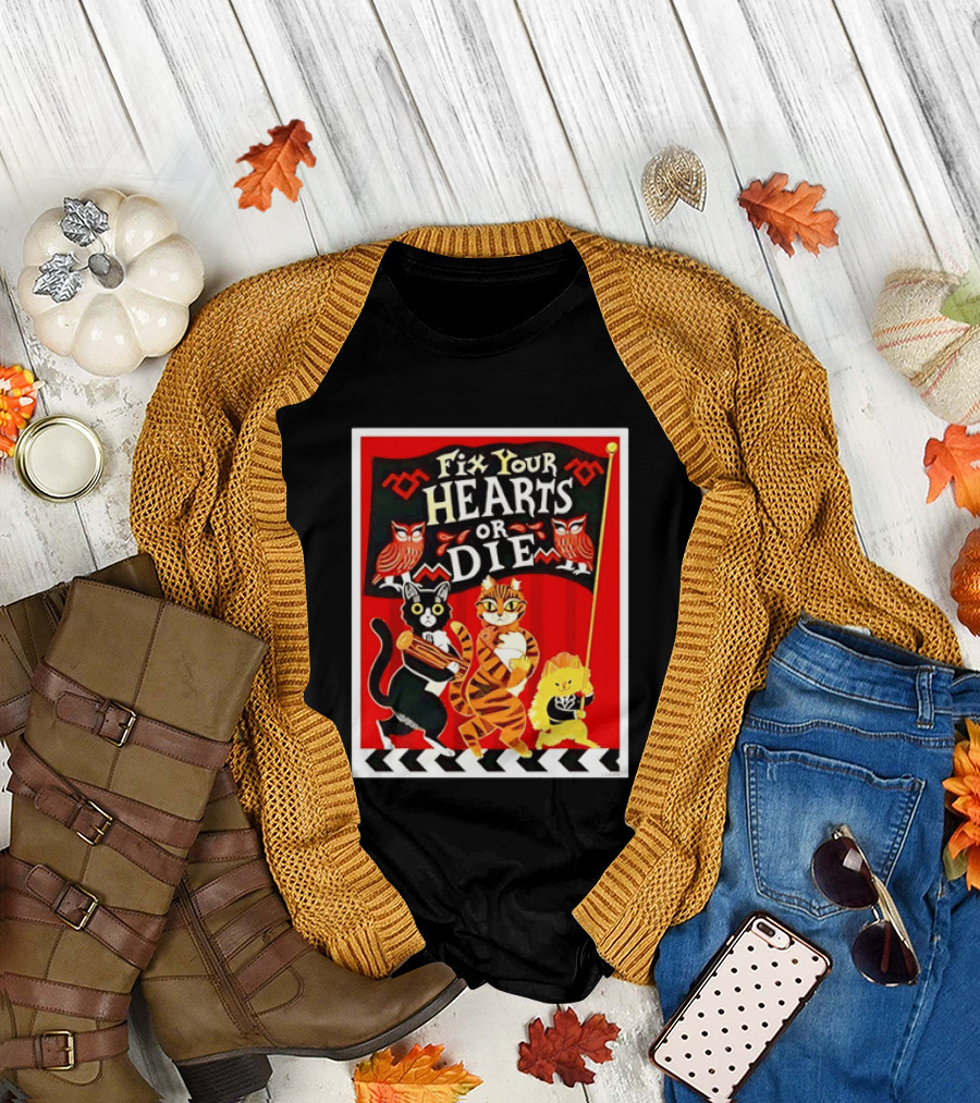 Twin Peaks Cats Fix Your Hearts Or Die David Lynch Owls Red Banner T-Shirt