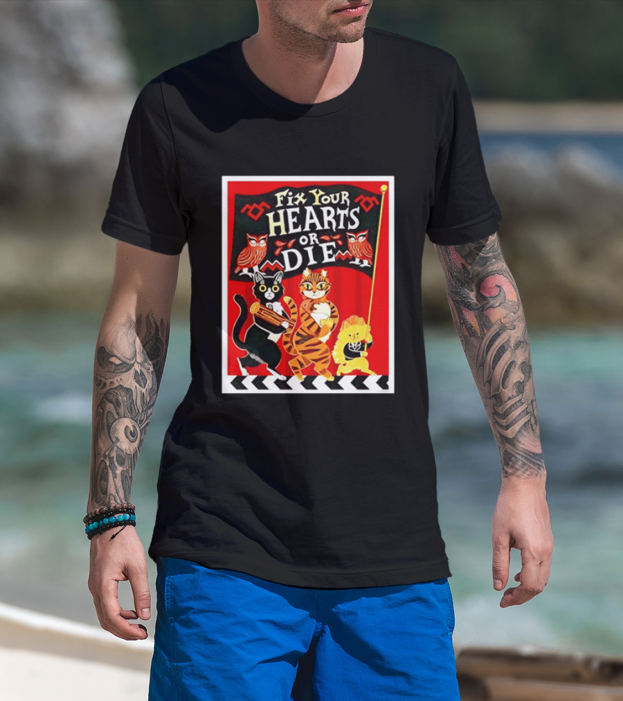 Twin Peaks Cats Fix Your Hearts Or Die David Lynch Owls Red Banner T-Shirt