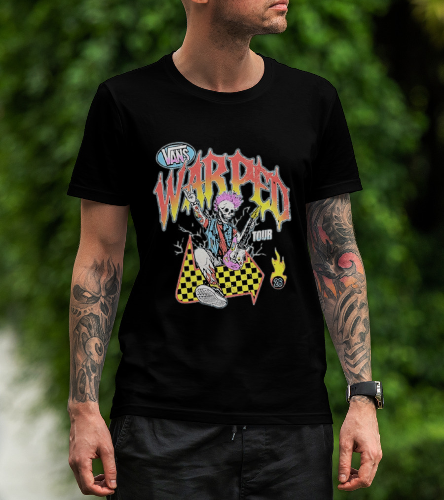 Vans Warped Tour 2026 Punk Rock Skeleton Guitarist With Colorful Mohawk T-Shirt