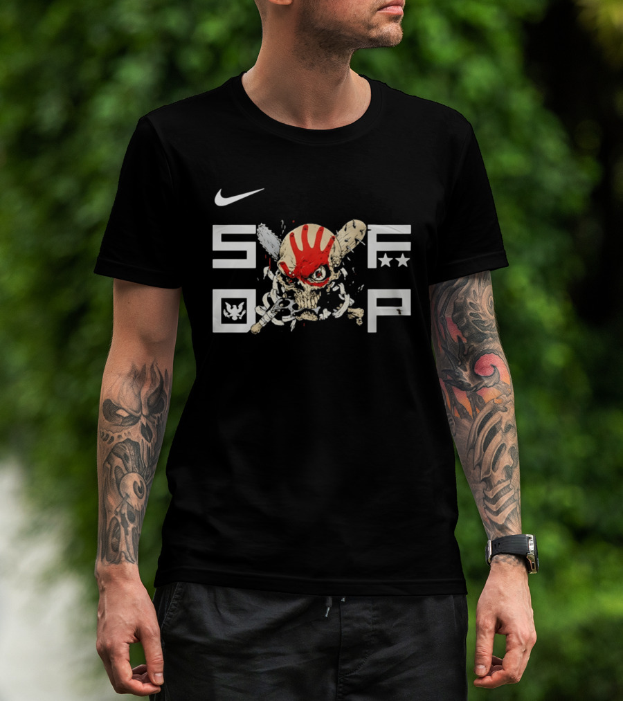 SDFP Skull Chains Brass Knuckles Design With Nike Logo And Red Handprint T-Shirt