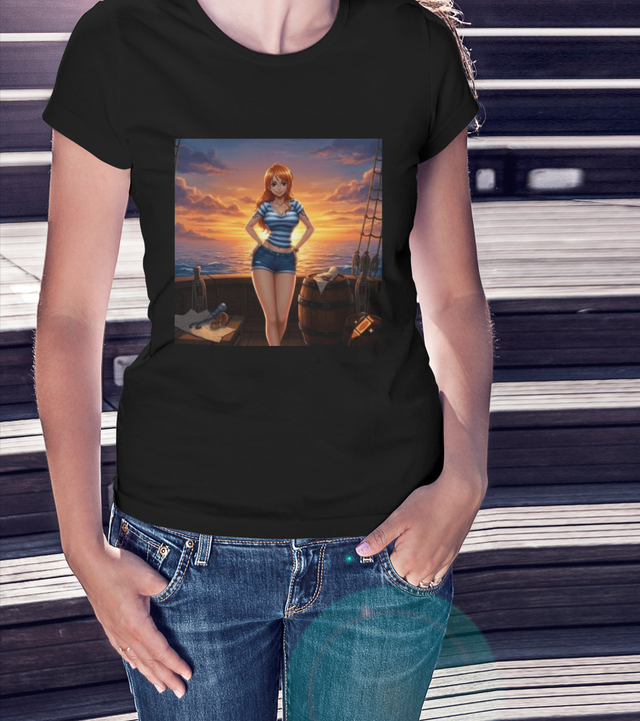 Nami One Piece Joyful Sunset Pirate Ship Ocean Scene T-Shirt